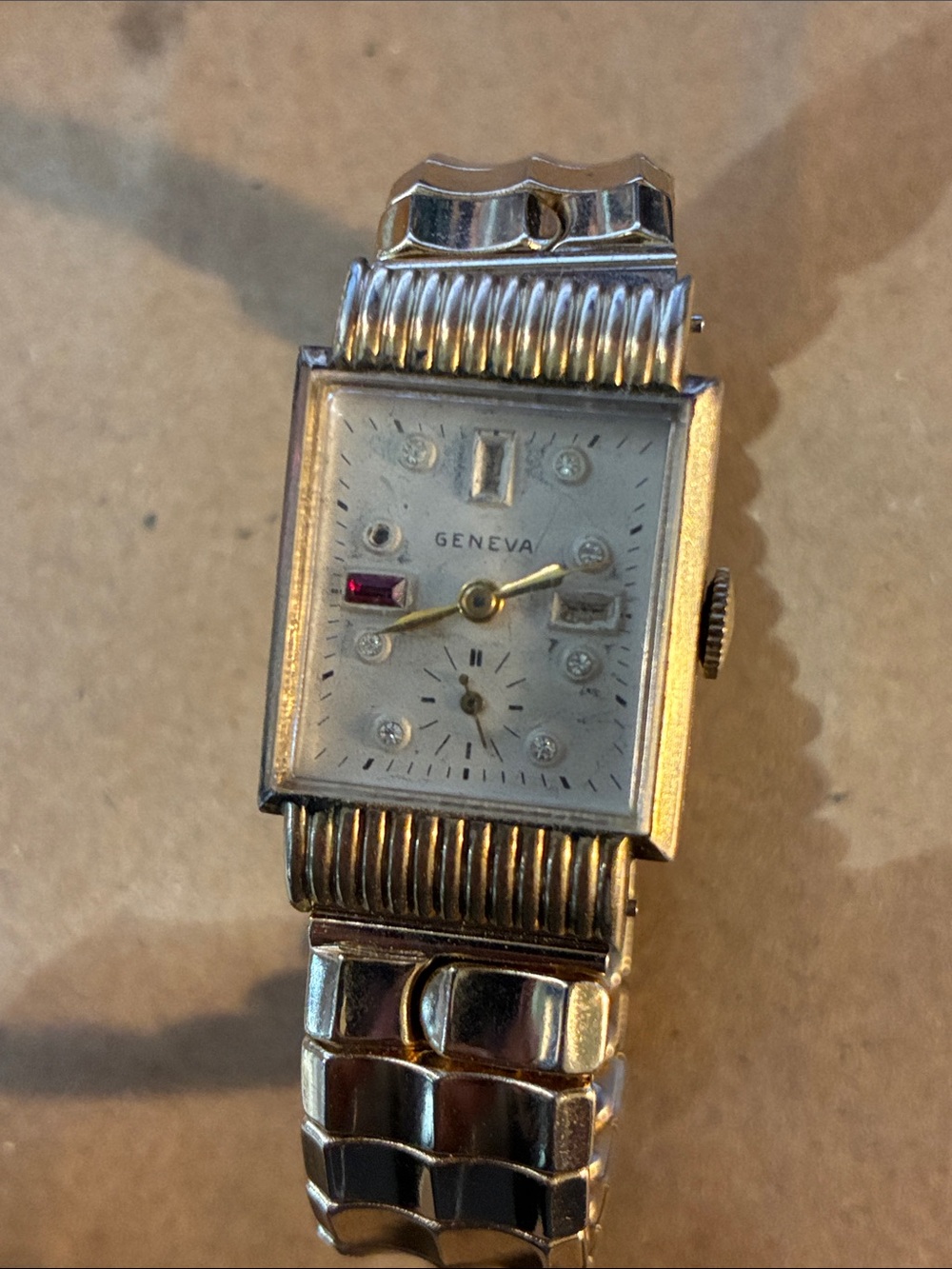 Geneva Gold-Tone Rectangular Watch with Red Accent
